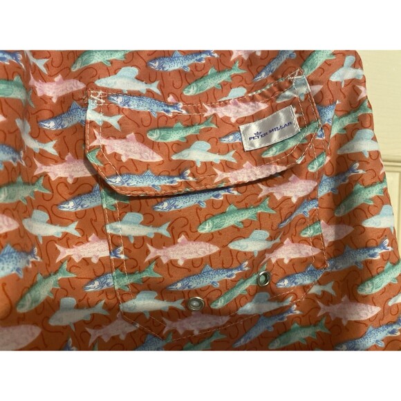 PETER MILLAR SEASIDE Mens L Pink Blue Fish Print Mesh Lined Swim Trunks Shorts - Picture 3 of 8